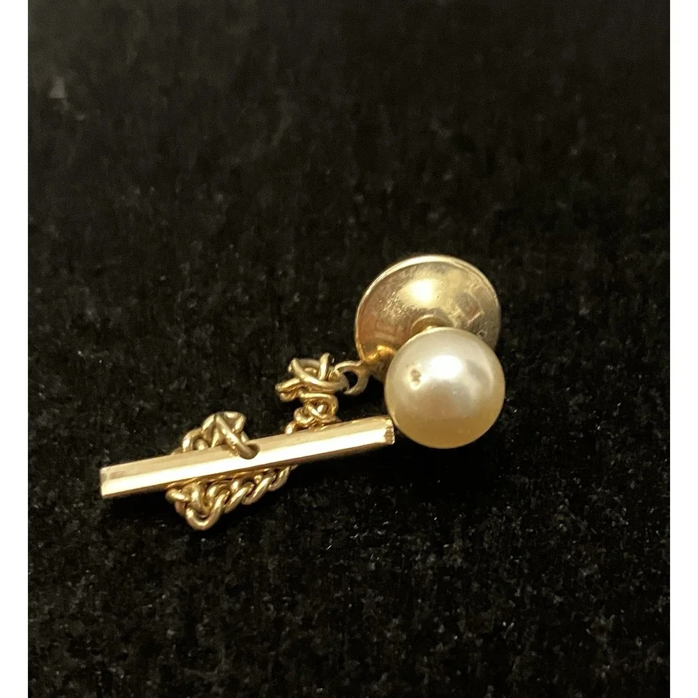 VTG Faux Solitaire Pearl Gold Tone Tie Tack & Chain Men’s Estate Jewelry